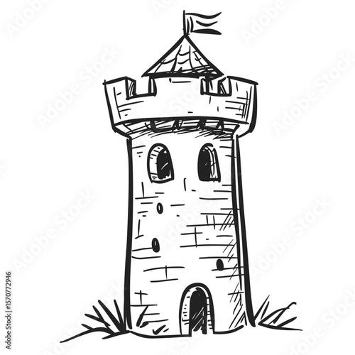 Sketch of a castle tower with flag on top in a hand-drawn style  