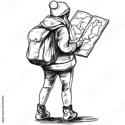 Young woman standing while reading a map for travel and tourism icon  