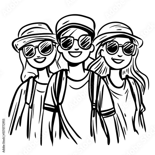 Group of young tourists wearing sunglasses and hats while smiling  