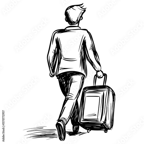 Man walking with suitcase in travel preparation concept  