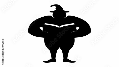 Silhouette of a stout figure with a hat reading a book with hands on hips in black and white style