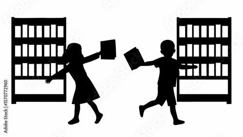 Silhouette of children returning books to bookshelves in a library with white background scene view