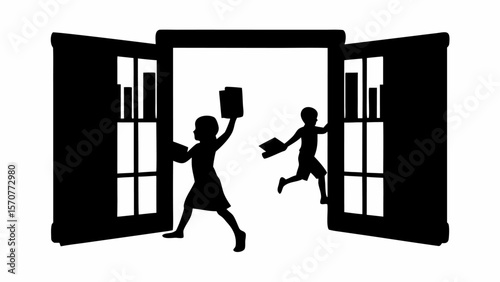Silhouette of two children exiting a library with books through an open door with bookshelves inside
