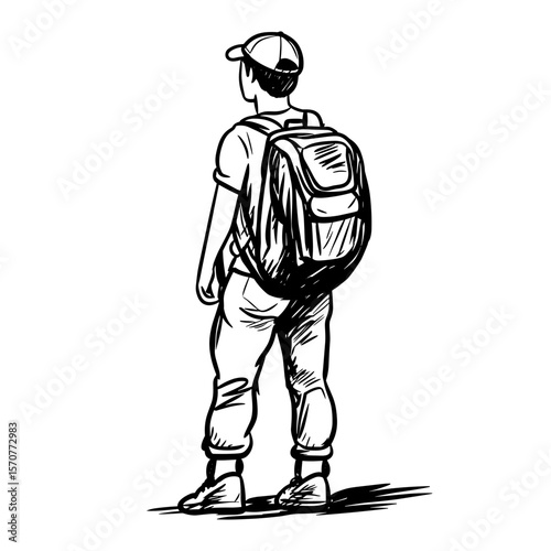 Young traveler with a backpack looking forward in line art style - Concept of travel and tourism icon  