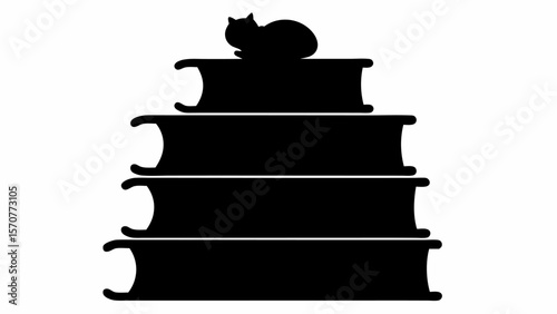 Silhouette of a cat resting atop a stack of four books in a simple black and white illustration