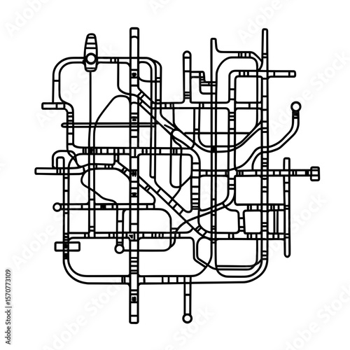Metro map illustration in blacфk and white line art style  
