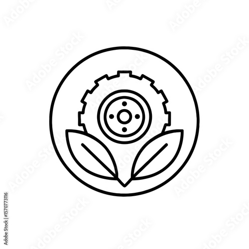 Sustainable agriculture icon with gear and leaves symbolizing eco technology