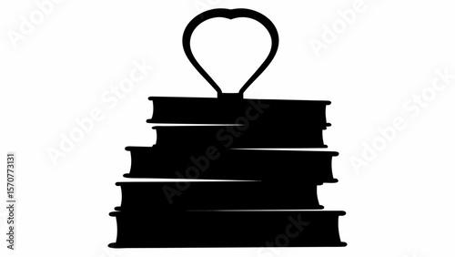 Silhouette of a stack of books held together by a heart shaped binder clip on a white background