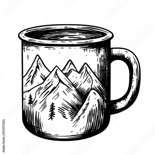 Illustrated hiking mug with mountain design for travel and tourism icon  