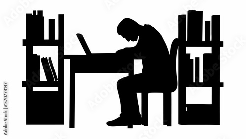 Silhouette of a person slumped at a desk with a laptop and bookshelves on either side of the desk