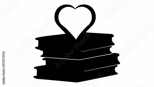 A stack of three books with a heart shape placed on top in a black and white illustration style