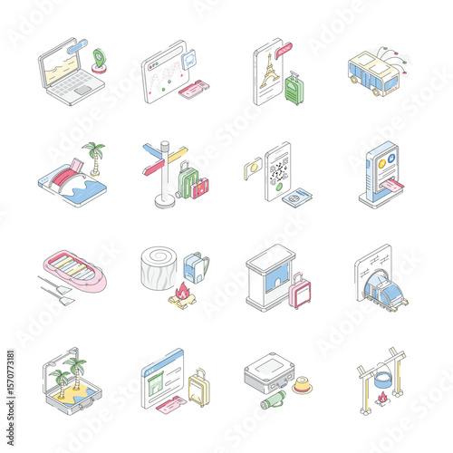 Check out bundle of isometric icons showing vacation and travel concepts