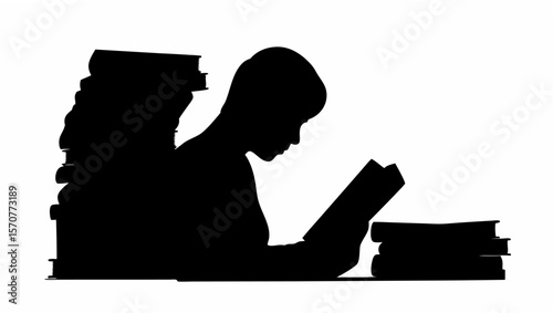 Silhouette of a person reading a book with stacks of books around them in black and white style