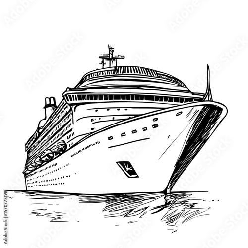 Cruise ship illustration in black and white style on water  