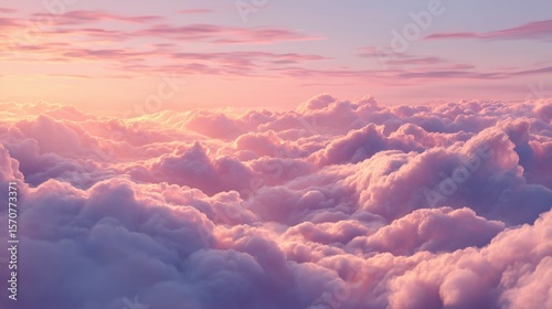 Dreamy sky view features soft pink clouds at dawn or dusk, offering a calming serene mood.