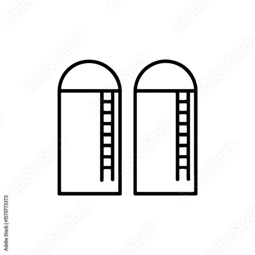 Outline icon of two grain silos with ladders representing farm storage