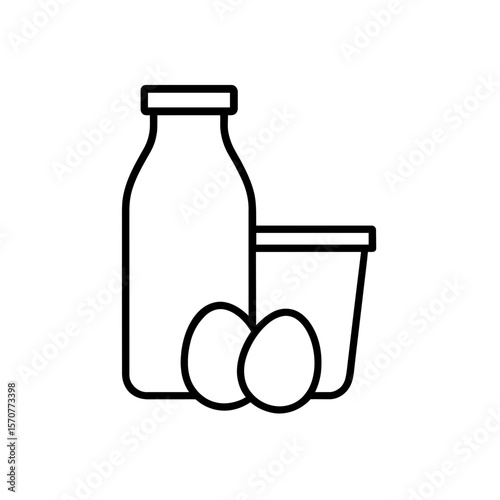 Outline icon of dairy assortment with milk bottle, yogurt cup, and eggs