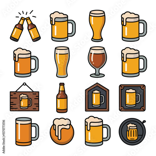 Sixteen Colorful Beer Mug and Bottle Icons Collection Yellow Orange Brown Outline Style Graphic Design Elements for Brewery Pub Menu Branding