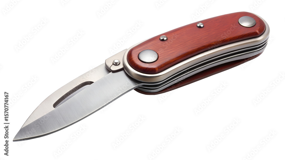 A sharp folding pocket knife with a brown wooden handle, isolated on a white background A sharp folding pocket knife with a brown wooden handle, isolated on a white background