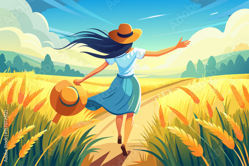 vector of Back view of a woman running. Happy, romantic and carefree in yellow wheat field with open arms and straw hat in hand flying and enjoying the peace of freedom in beautiful nature.