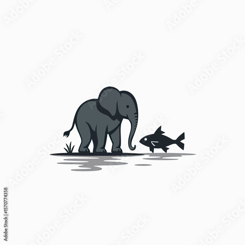 A cute cartoon logo featuring a friendly baby elephant and a fish at the water's edge, a simple monochrome vector illustration symbolizing unexpected friendship.
