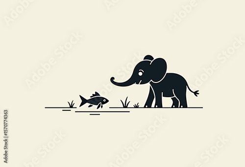 A charming and minimalist silhouette logo of a cute baby elephant meeting a fish, a simple graphic illustrating unexpected friendship against a cream background.
