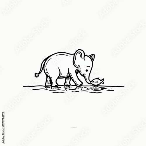 A minimalist hand-drawn line art sketch of a cute baby elephant and a fish, a simple and charming doodle illustrating a story of unexpected friendship.

