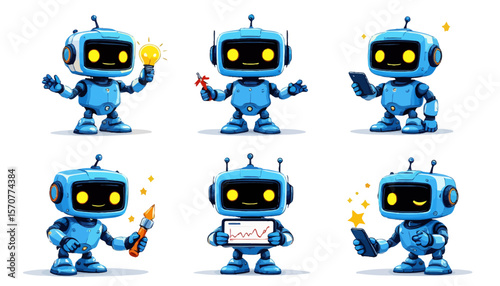 A charming set of blue cartoon robots performing diverse actions and expressing different emotions, isolated on a bright white background.
