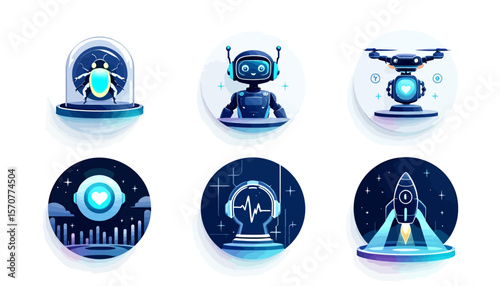A collection of futuristic icons featuring a robot, drone, and other technological elements, rendered in a vibrant, digital illustration style with a focus on innovation.