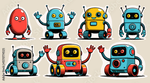 A charming collection of diverse, colorful cartoon robots with friendly expressions, isolated on a clean background, perfect for children's designs.