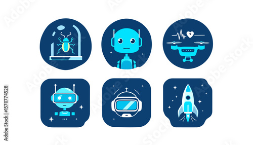 Collection of modern flat icons representing technology, including a robot, drone, VR headset, rocket, and insect in a lab.