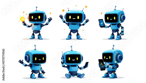 Cute blue robot character collection showing various activities like holding a light bulb, using a smartphone, and sitting happily.
