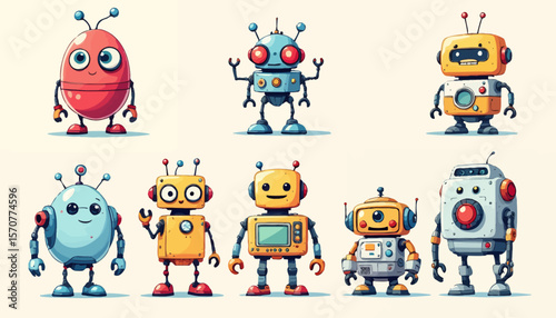 A charming collection of diverse, friendly cartoon robots, each with a unique design, stands cheerfully on a clean, light background, ideal for playful technology.