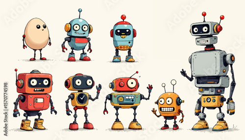 A playful collection of colorful cartoon robots and a whimsical egg character stand together against a light background, evoking a sense of futuristic fun and childlike wonder.