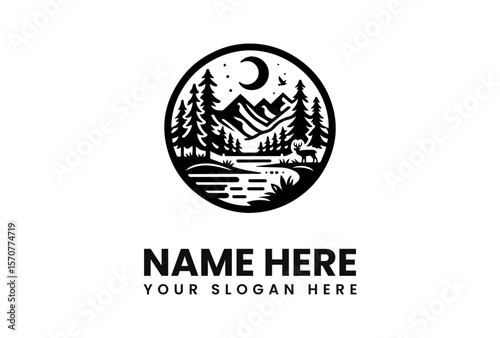 Black and white circular logo featuring a mountain landscape with trees and a deer.