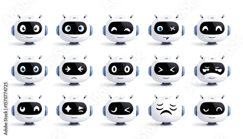 A collection of cute white 3D rendered robot heads displaying a wide range of emotions and expressions, isolated on a clean white background.