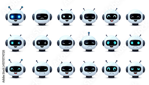 Collection of cute cartoon robot emoticons expressing various emotions, ideal for websites, apps, and social media, offering a diverse set of digital expressions.