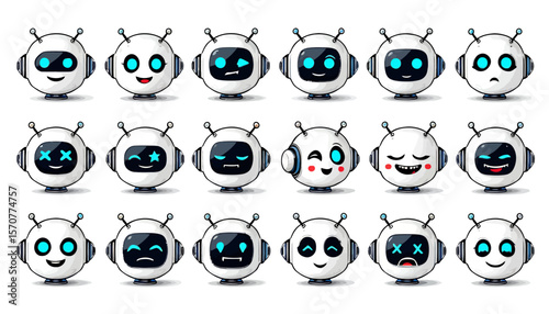 A collection of cartoon robot heads with various facial expressions, showcasing the diverse range of emotions and moods that can be conveyed through digital art and design.
