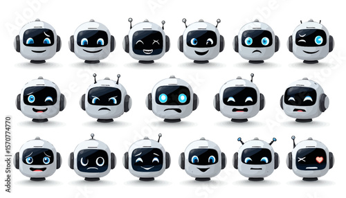 A collection of cartoon robot heads showcases a diverse range of emotions, from happiness and sadness to surprise and love, against a clean white backdrop.