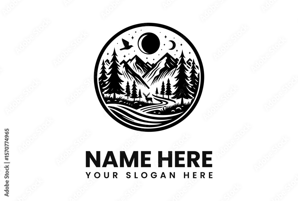 Obraz premium Black and white graphic design of a serene mountain landscape with forest, moon, and stars.