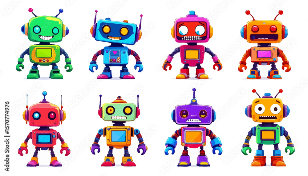 Obraz premium A vibrant collection of cartoon robots, each with a unique design and color scheme, showcasing playful technology and futuristic concepts on a clean white background.
