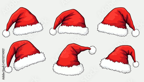 A collection of vibrant red Santa hats, presented as PNG files, offering a festive touch for holiday-themed designs, perfect for Christmas decorations and seasonal graphic projects.