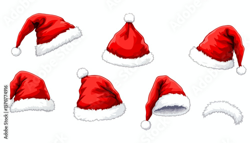 Festive collection of red Santa Claus hats in various styles, perfect for adding holiday cheer to your designs and creating a joyful Christmas atmosphere.