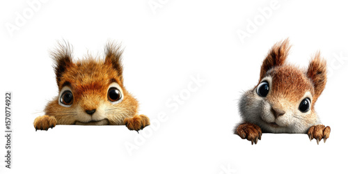 Two adorable squirrels peering over an edge with curious and playful expressions