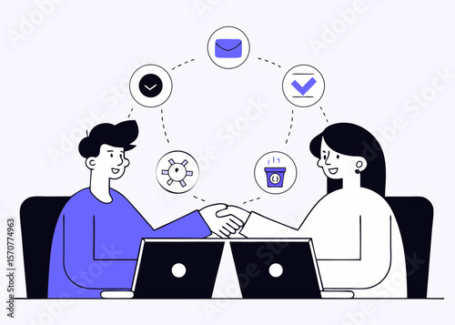 Business team collaboration and communication with social media icons. Office teamwork, handshake, digital networking, technology integration, productivity, vector cartoon illustration, workplace