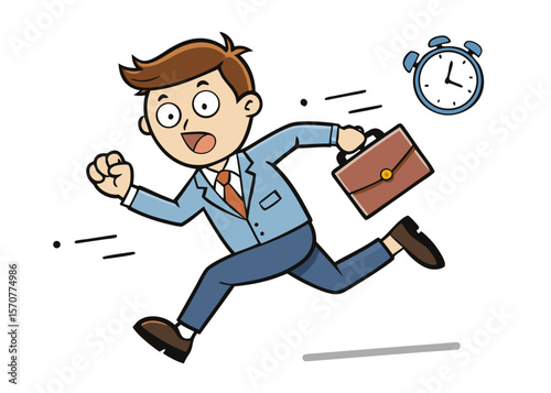 Stressed businessman running late with briefcase, racing against time, managing urgent deadlines, time management concept, business pressure, corporate rush, vector cartoon illustration