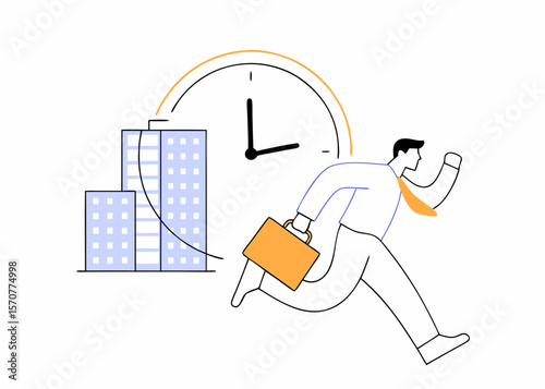 Stressed businessman running late with briefcase, racing against time, managing urgent deadlines, time management concept, business pressure, corporate rush, vector cartoon illustration