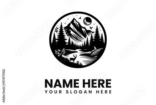 A circular logo featuring a mountain landscape with a river, trees, deer, and a moon in a black and white illustration.