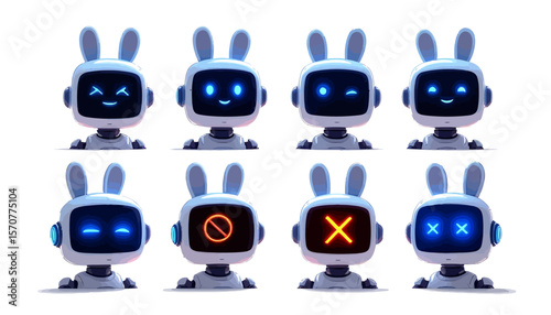 A collection of eight cute robot characters with bunny ears displaying various emotions on their digital screens against a clean white background, showcasing AI.