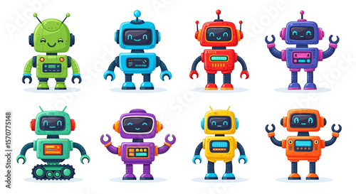 A vibrant collection of adorable cartoon robots in various colors and designs, featuring friendly expressions and modern vector illustration style.